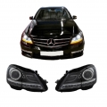 Μπροστινά Φανάρια Set Για Mercedes-Benz C-Class W204 11-14 DRL &amp; Led Φλας Μαύρα H7 Με Μοτέρ Depo - Headlights - Xenon - Bulbs